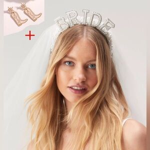 Bride pearl headband with attached short veil + Bride cowboy boot earrings